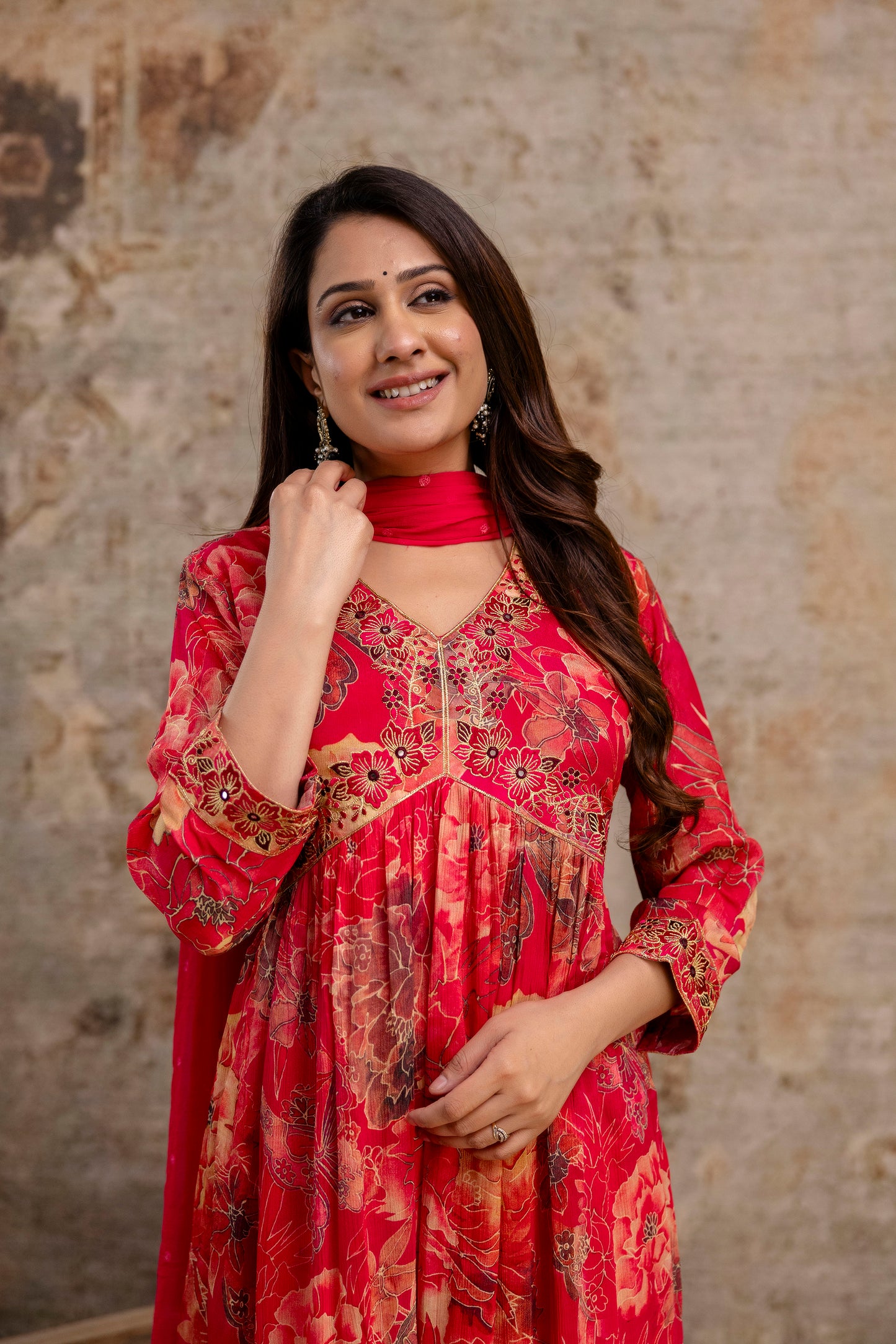 Printed Frock with Resham Work V-Neck and Shiffon Dupatta with Sequence Detailing