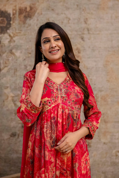 Printed Frock with Resham Work V-Neck and Shiffon Dupatta with Sequence Detailing
