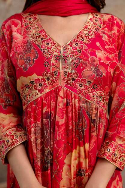 Printed Frock with Resham Work V-Neck and Shiffon Dupatta with Sequence Detailing