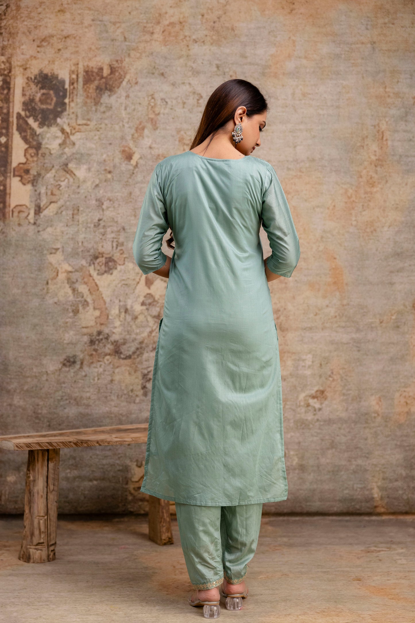 V-Neck Kurti with Codi Sequence Work on Pant & Brazo Silk Dupatta"