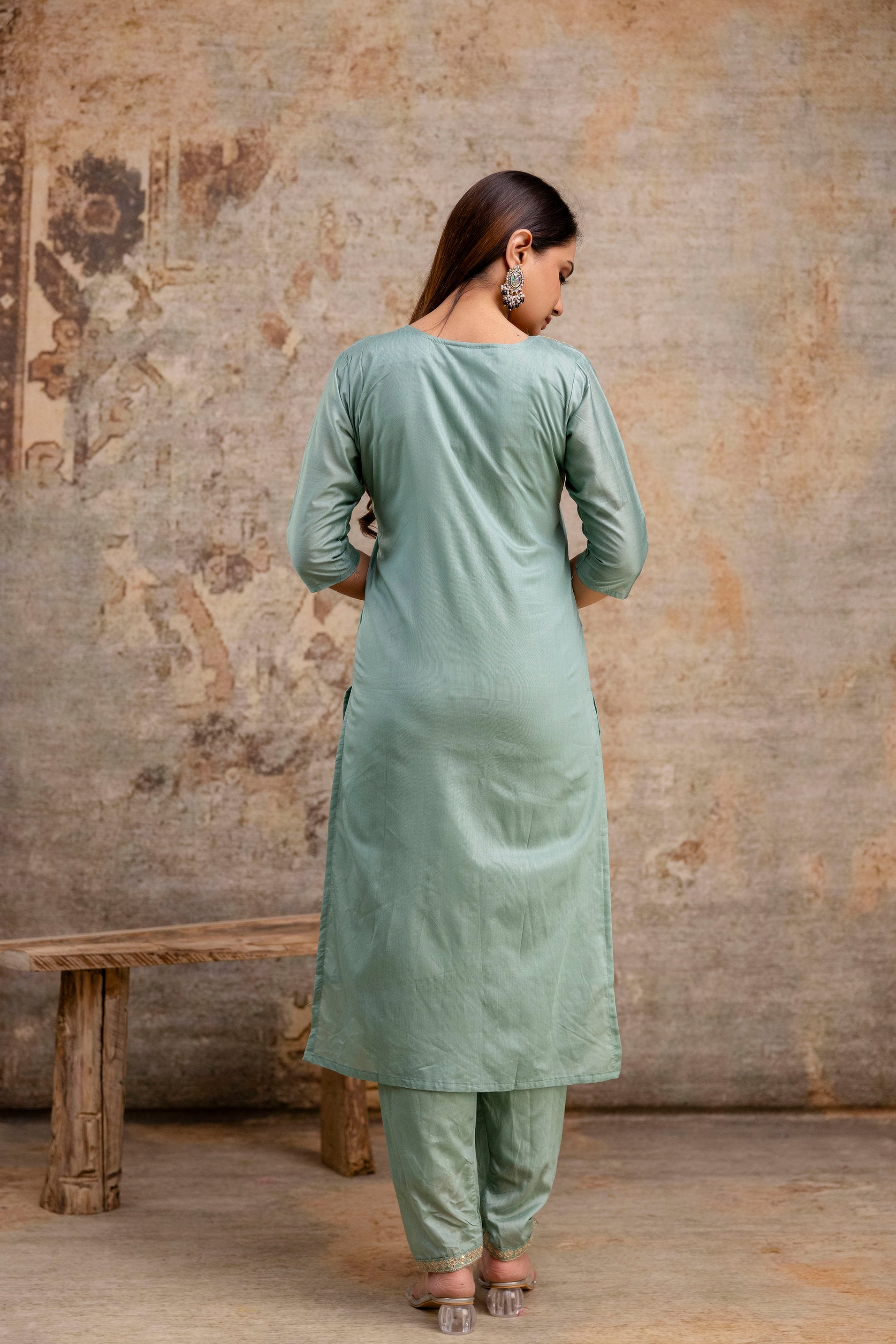 V-Neck Kurti with Codi Sequence Work on Pant & Brazo Silk Dupatta"