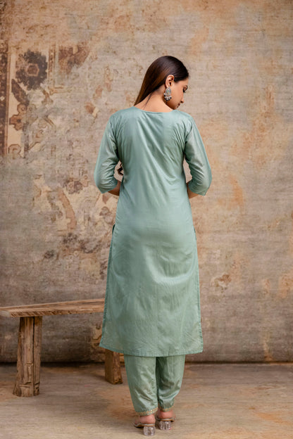 V-Neck Kurti with Codi Sequence Work on Pant & Brazo Silk Dupatta"