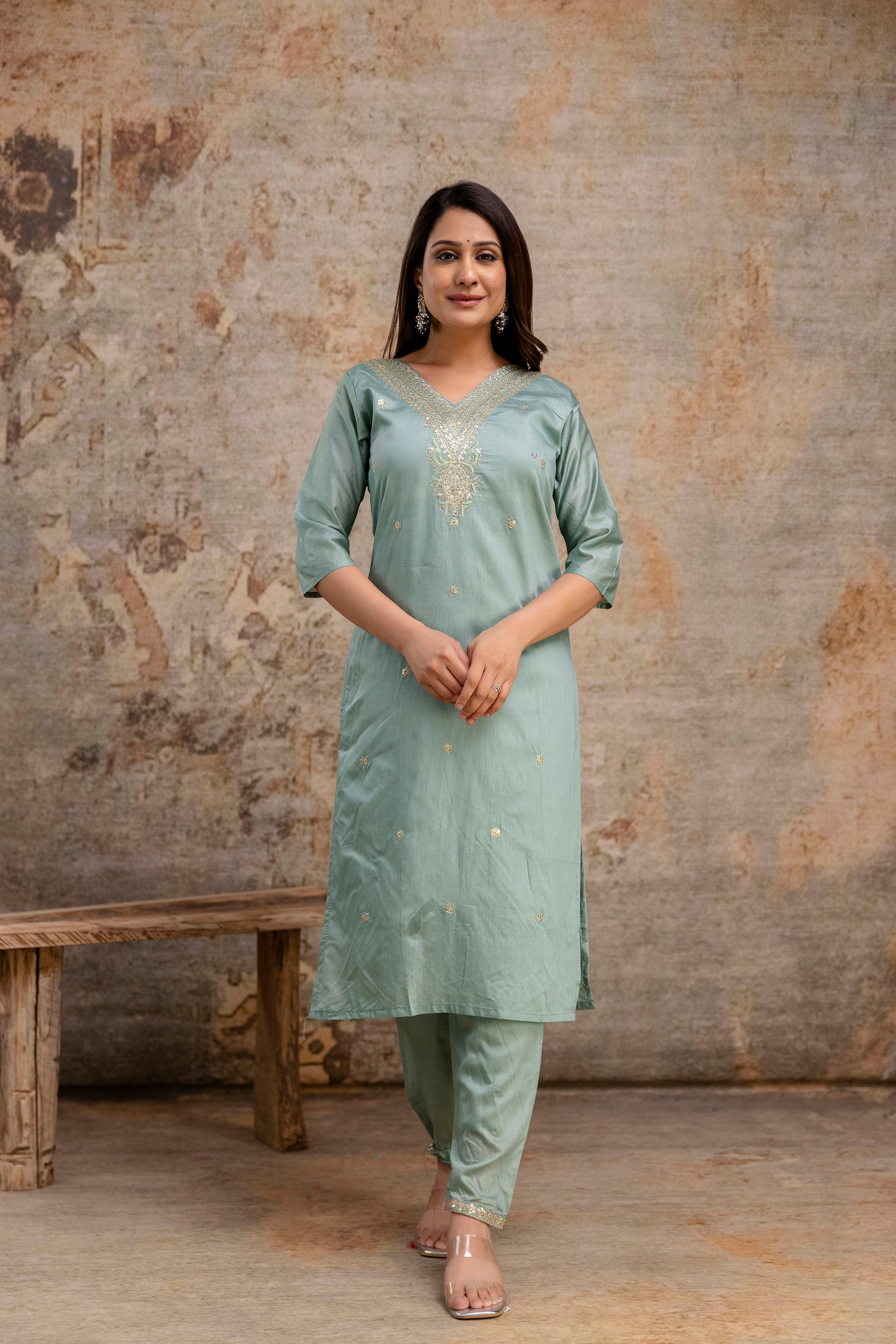 V-Neck Kurti with Codi Sequence Work on Pant & Brazo Silk Dupatta"