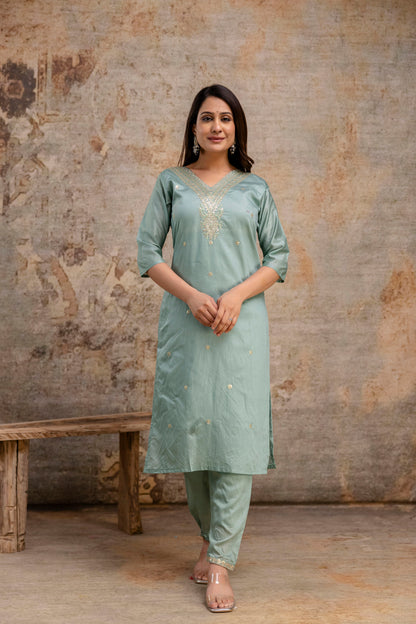 V-Neck Kurti with Codi Sequence Work on Pant & Brazo Silk Dupatta"