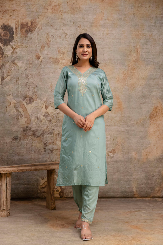 V-Neck Kurti with Codi Sequence Work on Pant & Brazo Silk Dupatta"