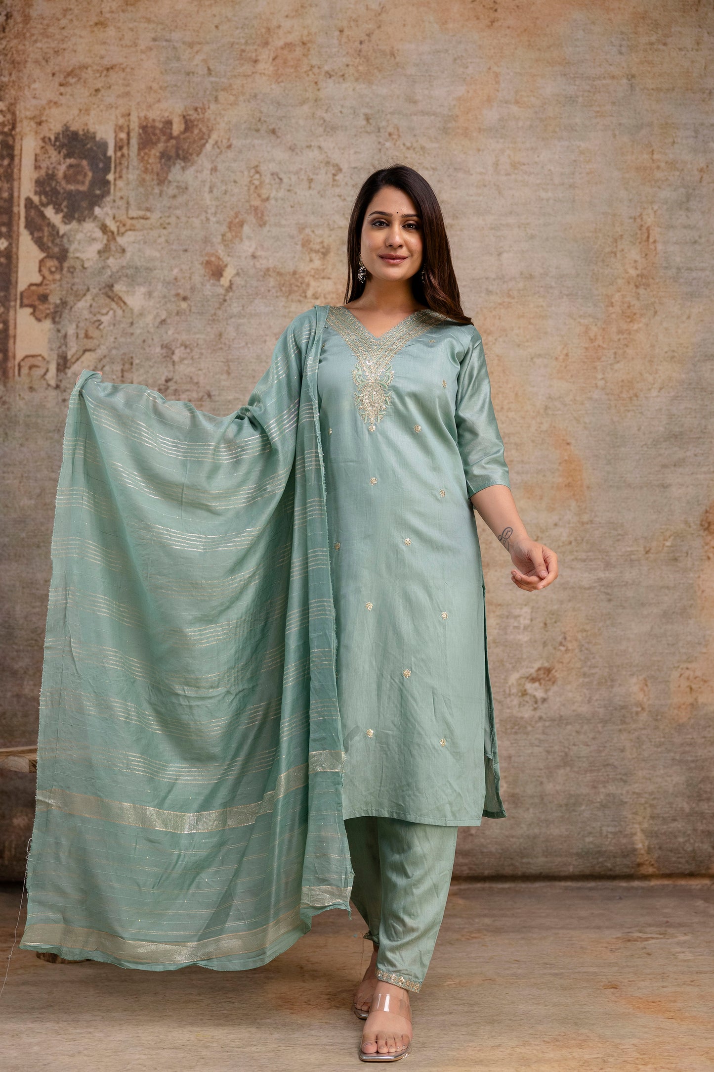 V-Neck Kurti with Codi Sequence Work on Pant & Brazo Silk Dupatta"