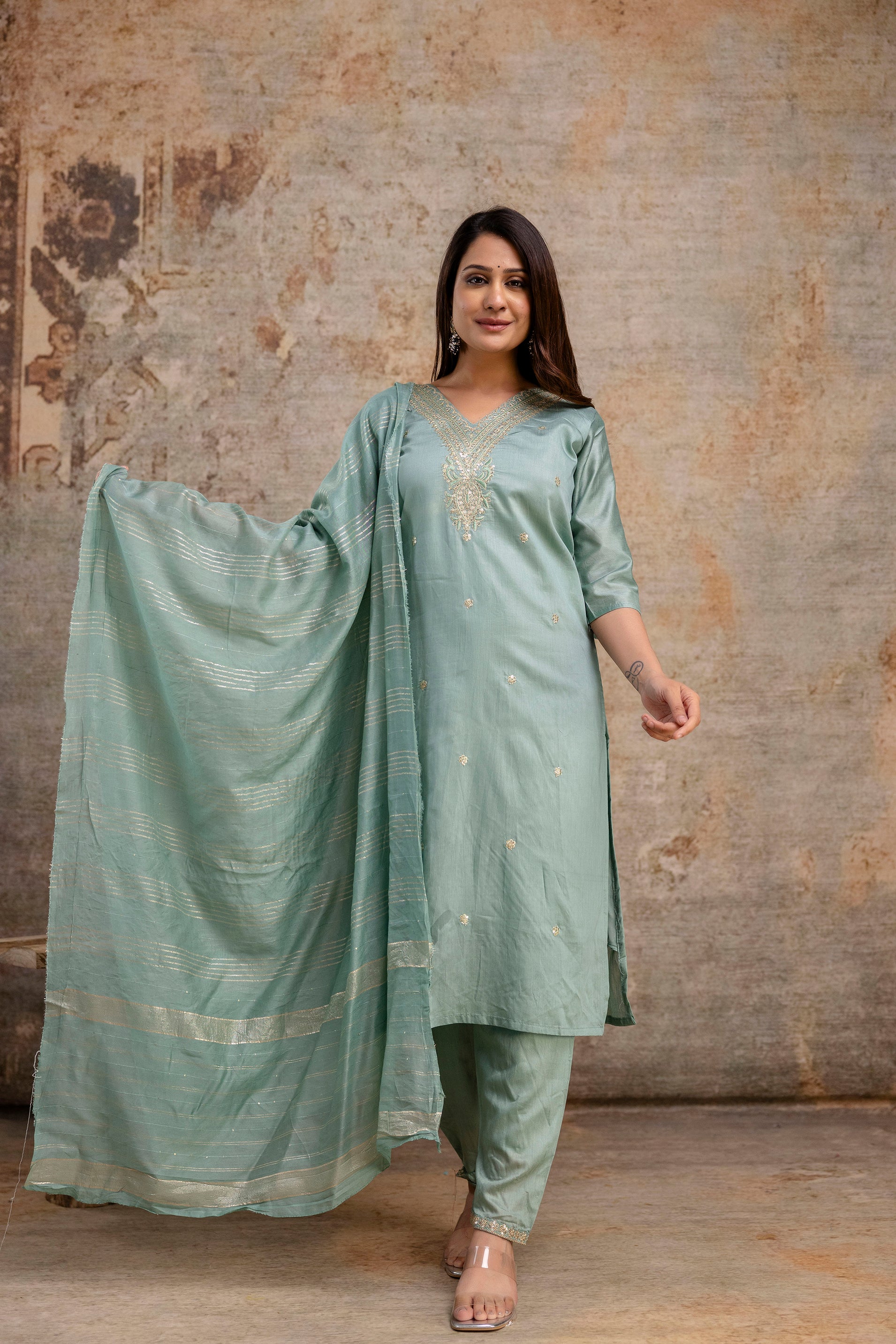 V-Neck Kurti with Codi Sequence Work on Pant & Brazo Silk Dupatta"