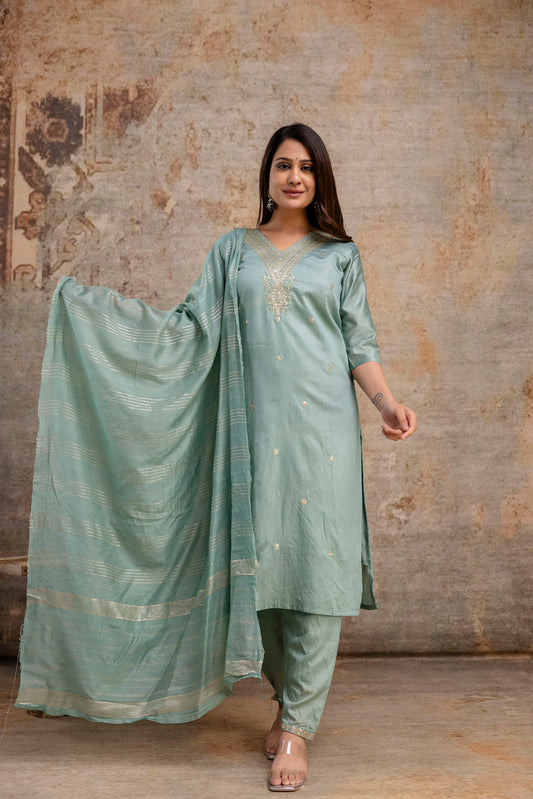 V-Neck Kurti with Codi Sequence Work on Pant & Brazo Silk Dupatta"