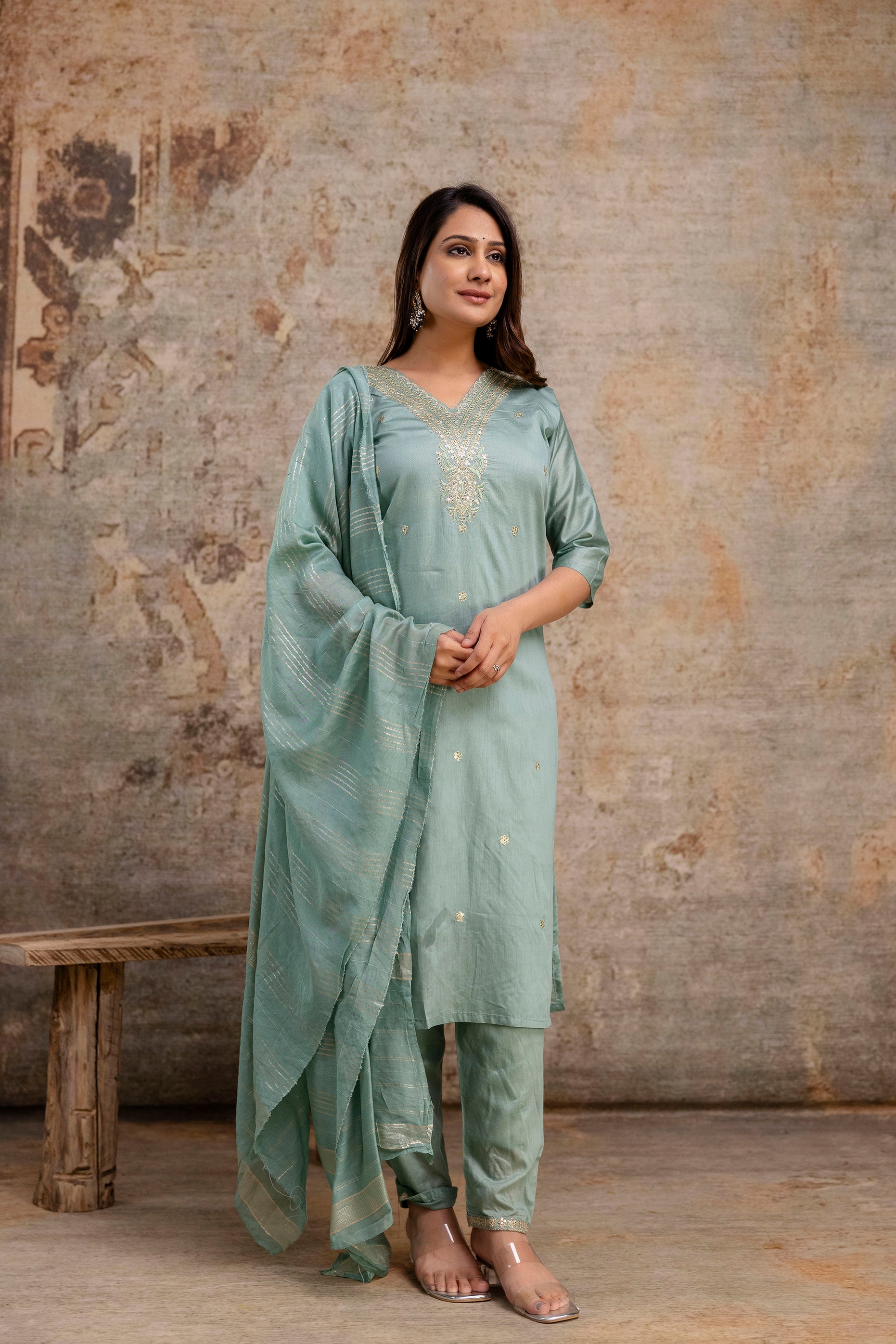 V-Neck Kurti with Codi Sequence Work on Pant & Brazo Silk Dupatta"