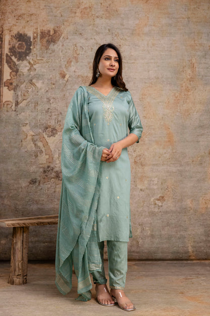 V-Neck Kurti with Codi Sequence Work on Pant & Brazo Silk Dupatta"