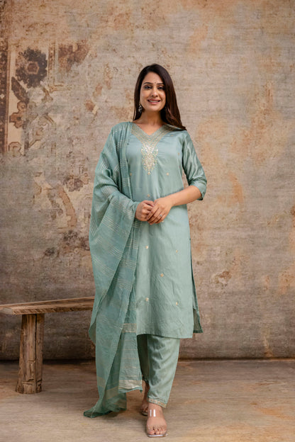 V-Neck Kurti with Codi Sequence Work on Pant & Brazo Silk Dupatta"