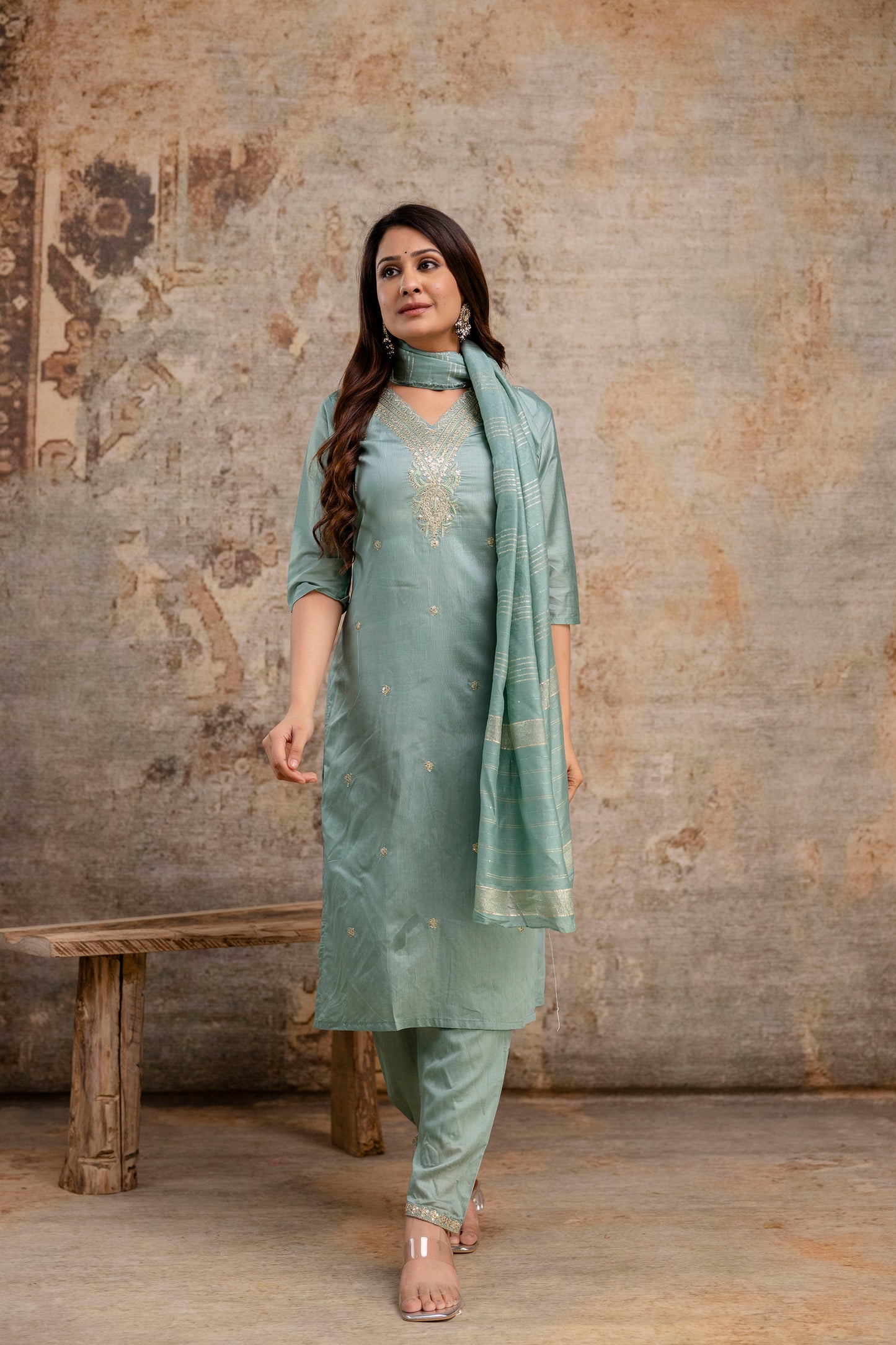V-Neck Kurti with Codi Sequence Work on Pant & Brazo Silk Dupatta"