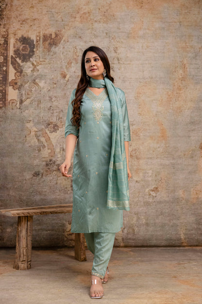 V-Neck Kurti with Codi Sequence Work on Pant & Brazo Silk Dupatta"