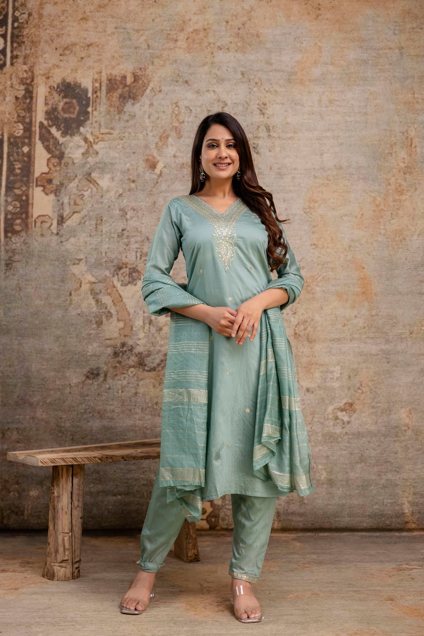V-Neck Kurti with Codi Sequence Work on Pant & Brazo Silk Dupatta"