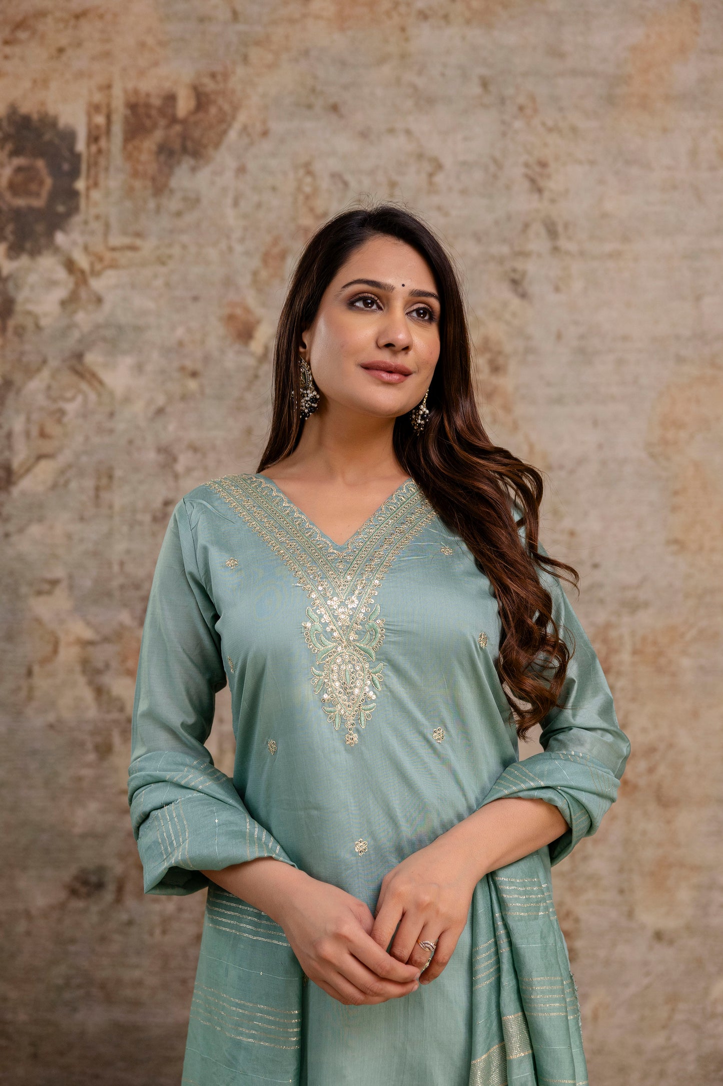 V-Neck Kurti with Codi Sequence Work on Pant & Brazo Silk Dupatta"