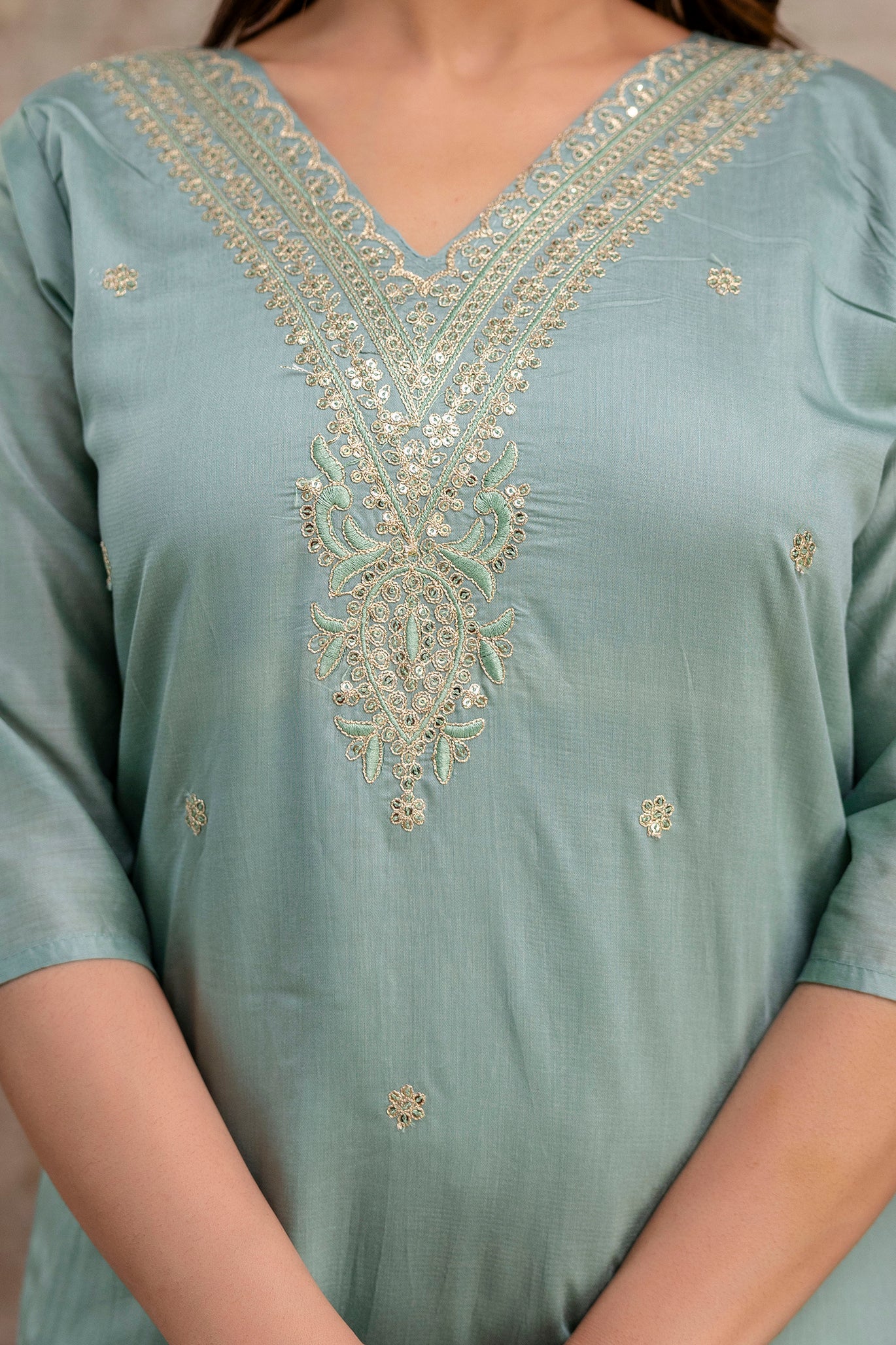 V-Neck Kurti with Codi Sequence Work on Pant & Brazo Silk Dupatta"