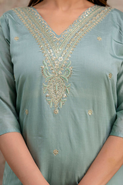 V-Neck Kurti with Codi Sequence Work on Pant & Brazo Silk Dupatta"