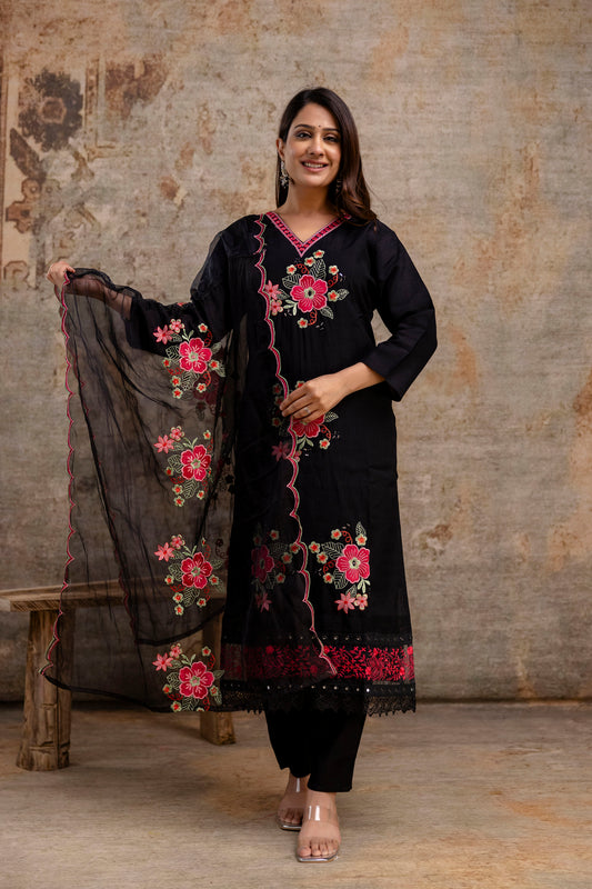 Resham Work V-Gala Kurti with Simple Bottom & Heavy Resham Work Dupatta