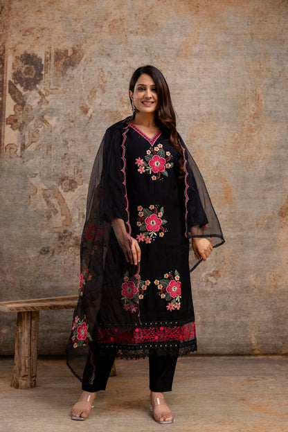 Resham Work V-Gala Kurti with Simple Bottom & Heavy Resham Work Dupatta