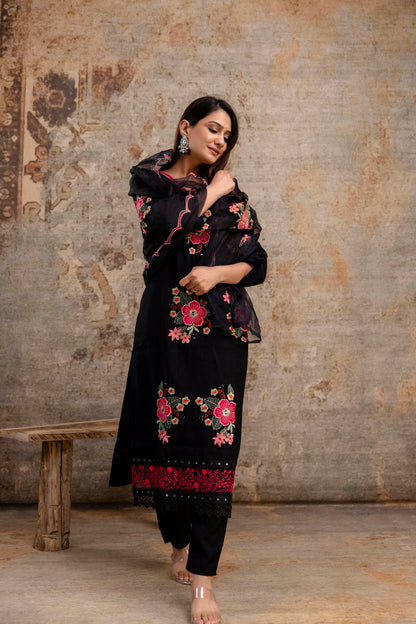 Resham Work V-Gala Kurti with Simple Bottom & Heavy Resham Work Dupatta