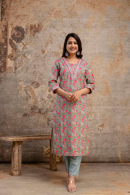 Elegance Unfolded: Resham-Embroidered Printed Kurti with V-Neck, Dual-Toned Dupatta & Tailored Trouser Set