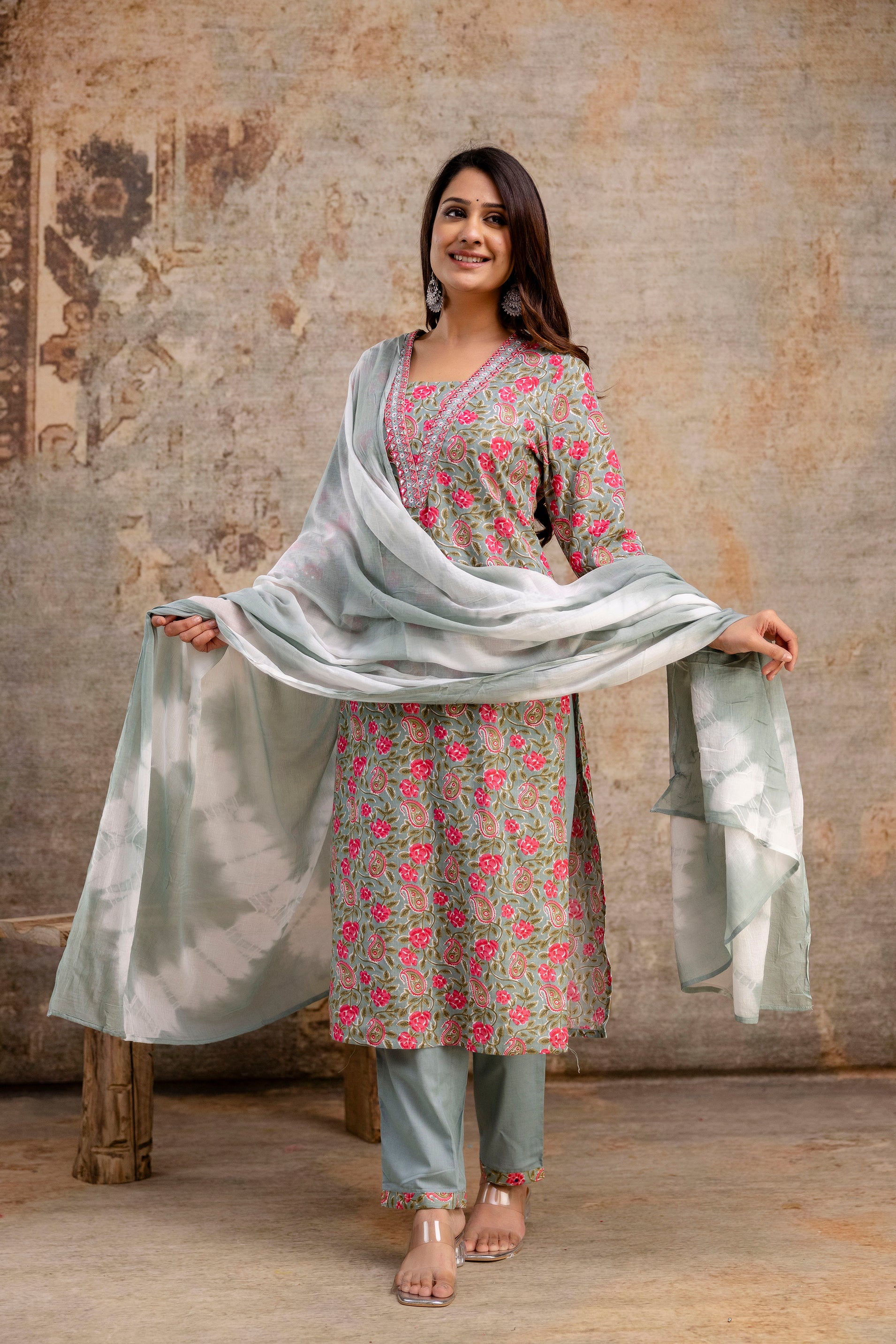 Elegance Unfolded: Resham-Embroidered Printed Kurti with V-Neck, Dual-Toned Dupatta & Tailored Trouser Set