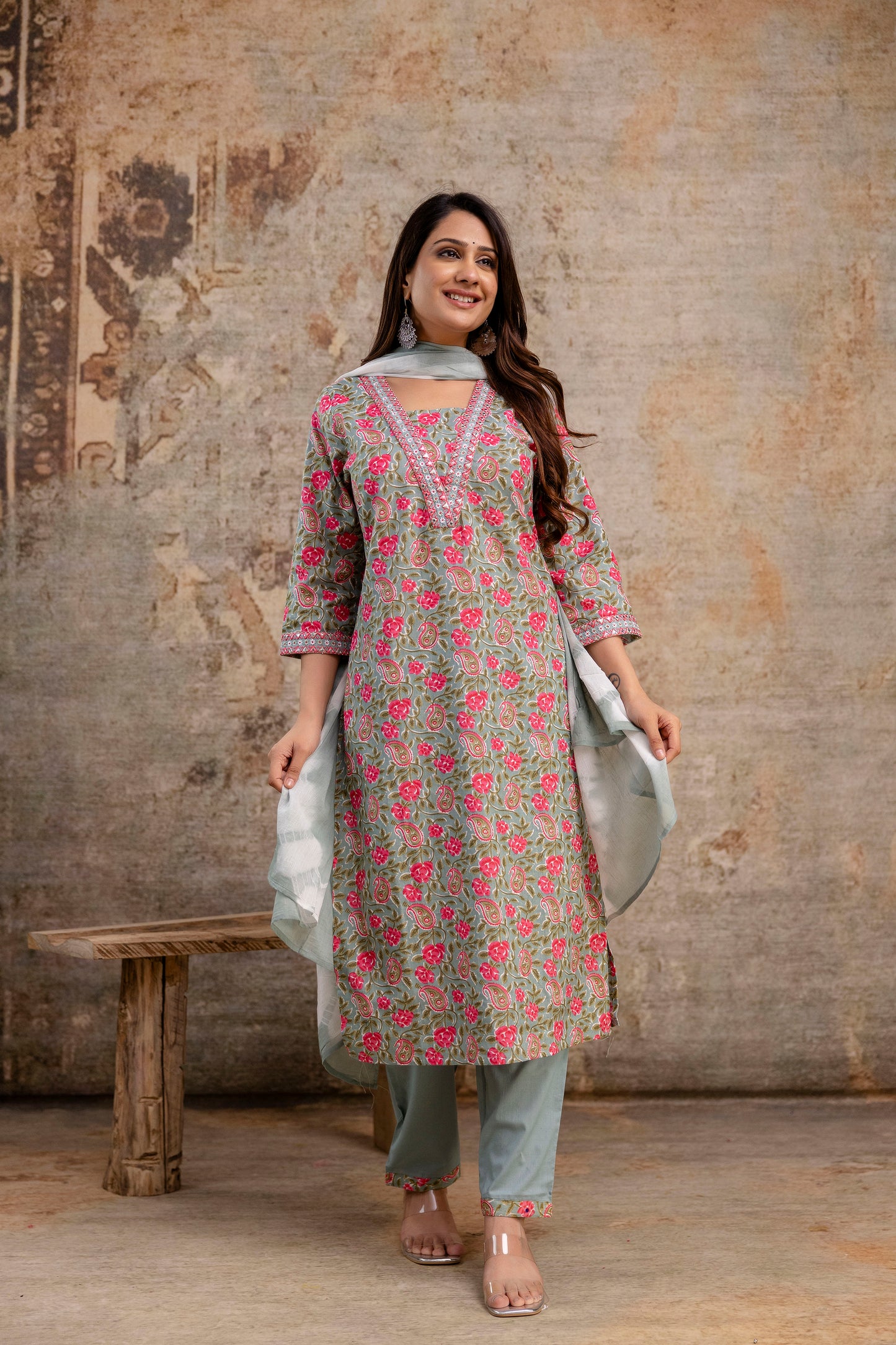 Elegance Unfolded: Resham-Embroidered Printed Kurti with V-Neck, Dual-Toned Dupatta & Tailored Trouser Set