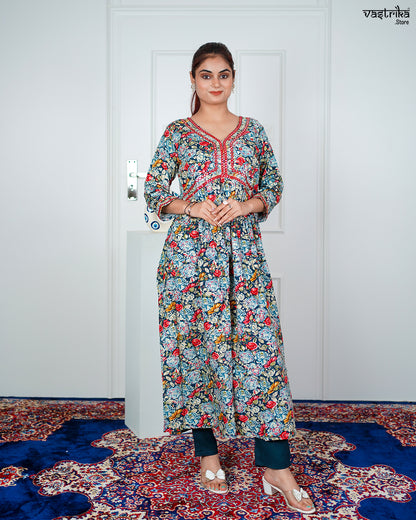 Firozi Ryon Cotton Aalia Cut Frock Set with Sequence & Thread Work