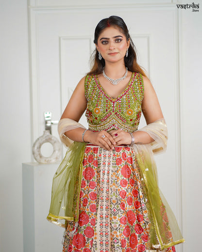 Fawn Silk & Khadi Silk Crop Top with Skirt Set