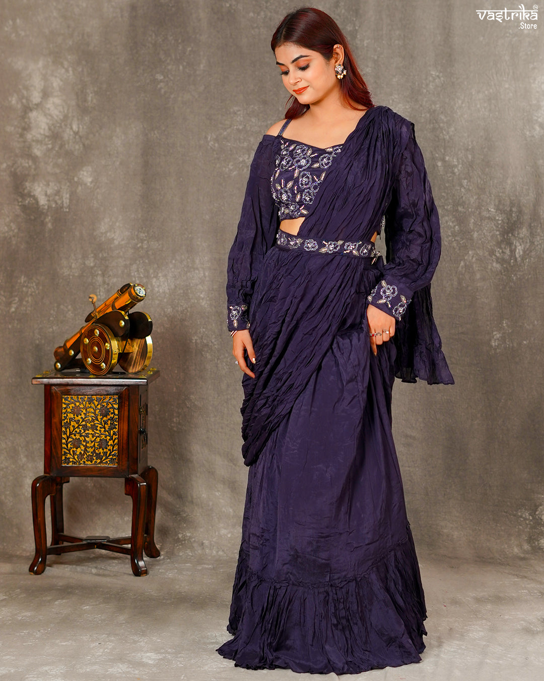 Dark Purple Chiffon Stylish Drape Saree with Skirt