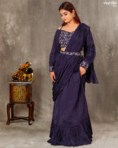 Dark Purple Chiffon Stylish Drape Saree with Skirt