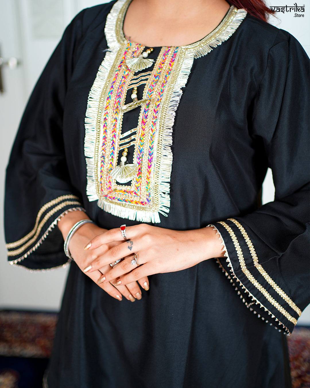 Black Roman Silk Kurti Set with Lace Work