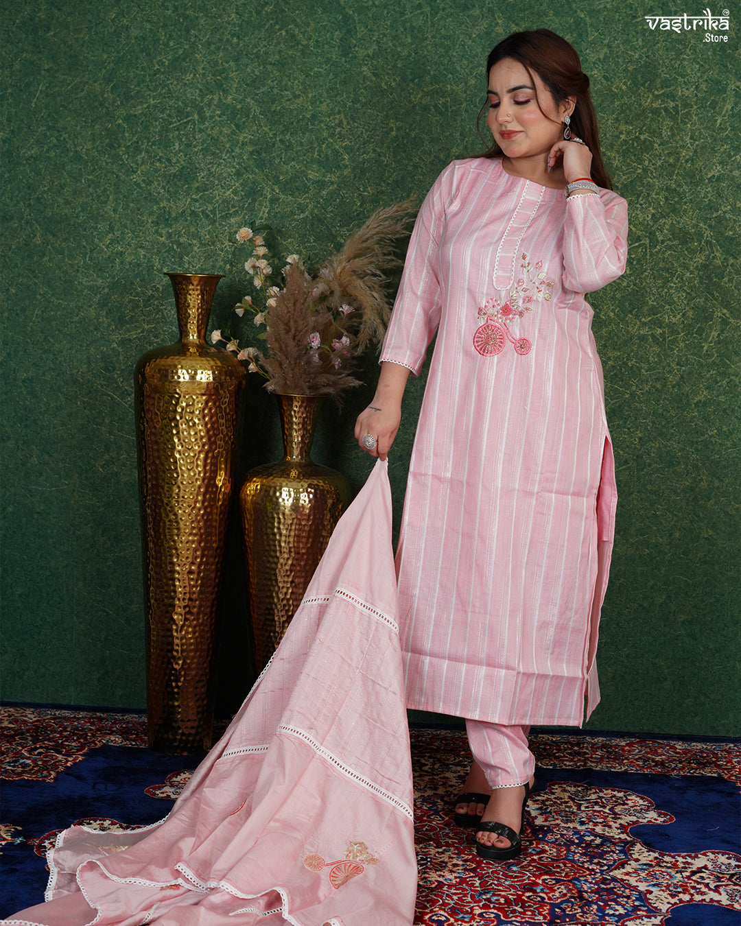 Elegant Cotton Kurti Set with Chanderi Dupatta & Handwork