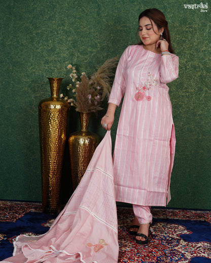 Elegant Cotton Kurti Set with Chanderi Dupatta & Handwork