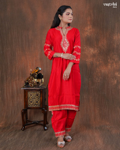 Silk Kurti Set with Jari & Sequin Work and Afghani Salwar