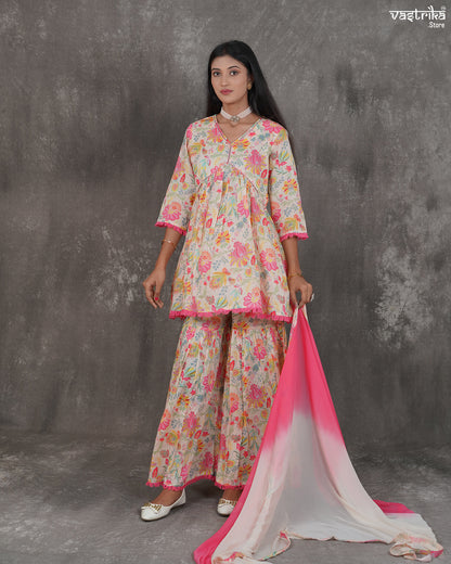 Printed V-Neck Kurti & Alia-Cut Sharara Set with Double-Shaded Dupatta