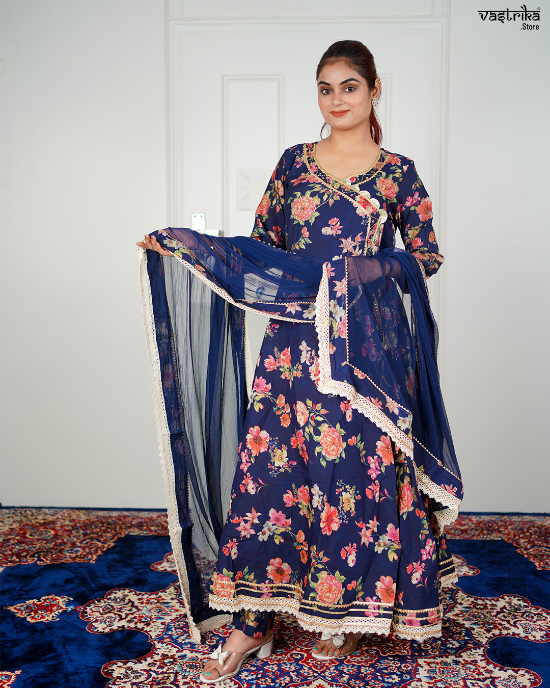 Navy Maslin Angrakha Frock Set with Gotti Pata Work