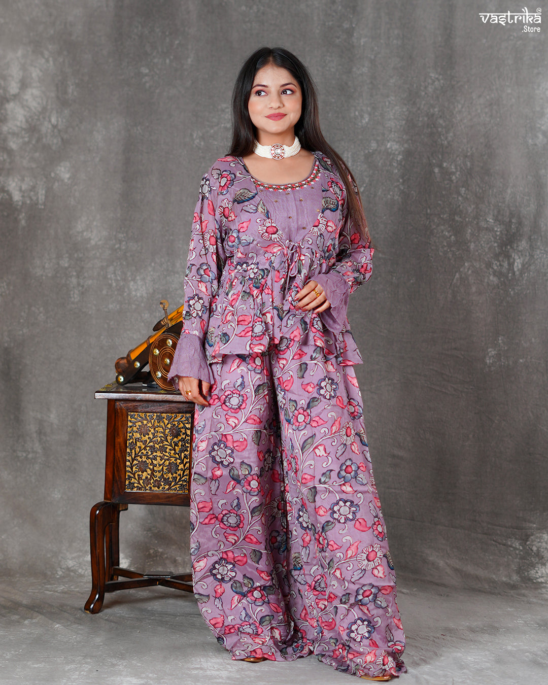 Purple Chinon Silk Short Top with Palazzo & Printed Shrug