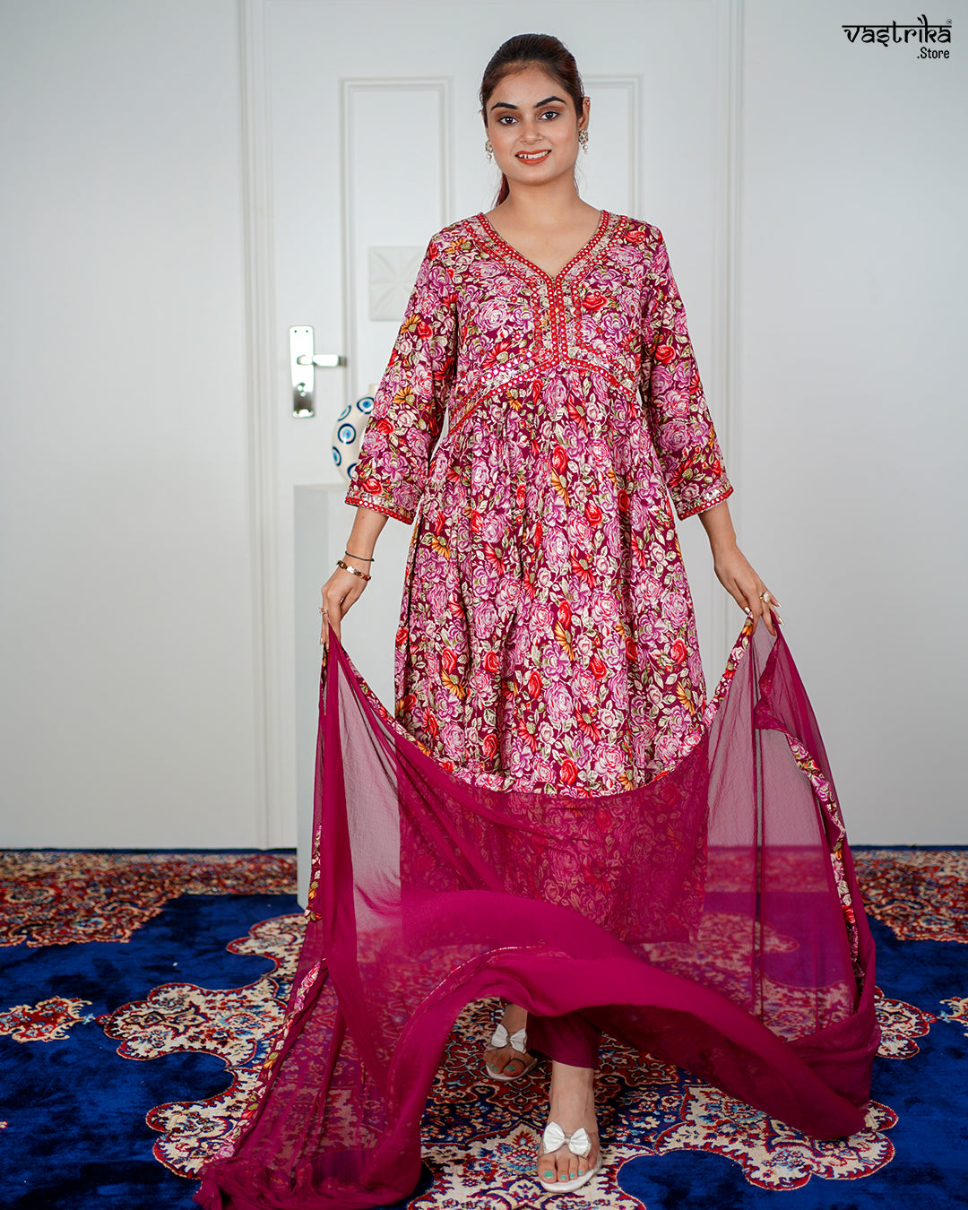 Wine Ryon Cotton Aalia Cut Frock Set with Sequence & Thread Work