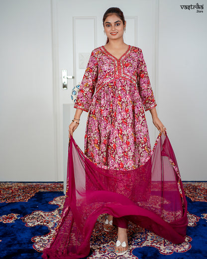 Wine Ryon Cotton Aalia Cut Frock Set with Sequence & Thread Work