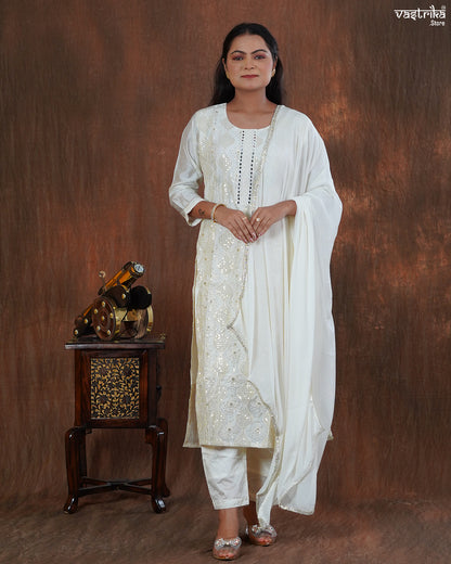 Cotton Kurti Set with Handwork & Sequins with Chiffon Dupatta