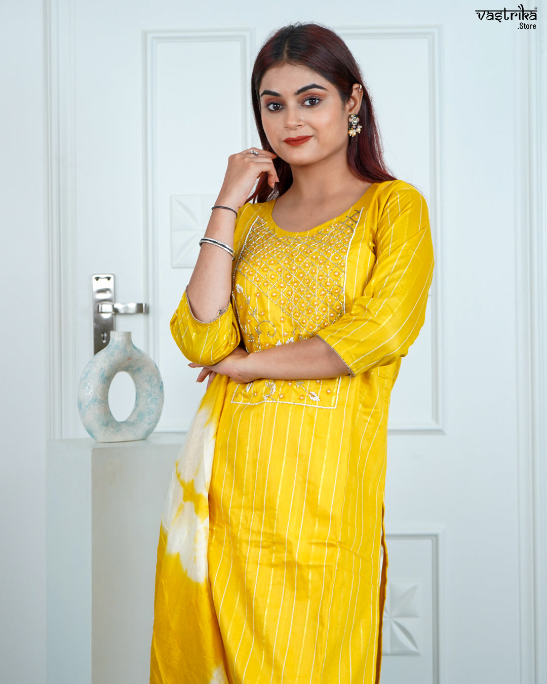 Yellow Chanderi Silk Kurti Set with Tie & Dye Dupatta
