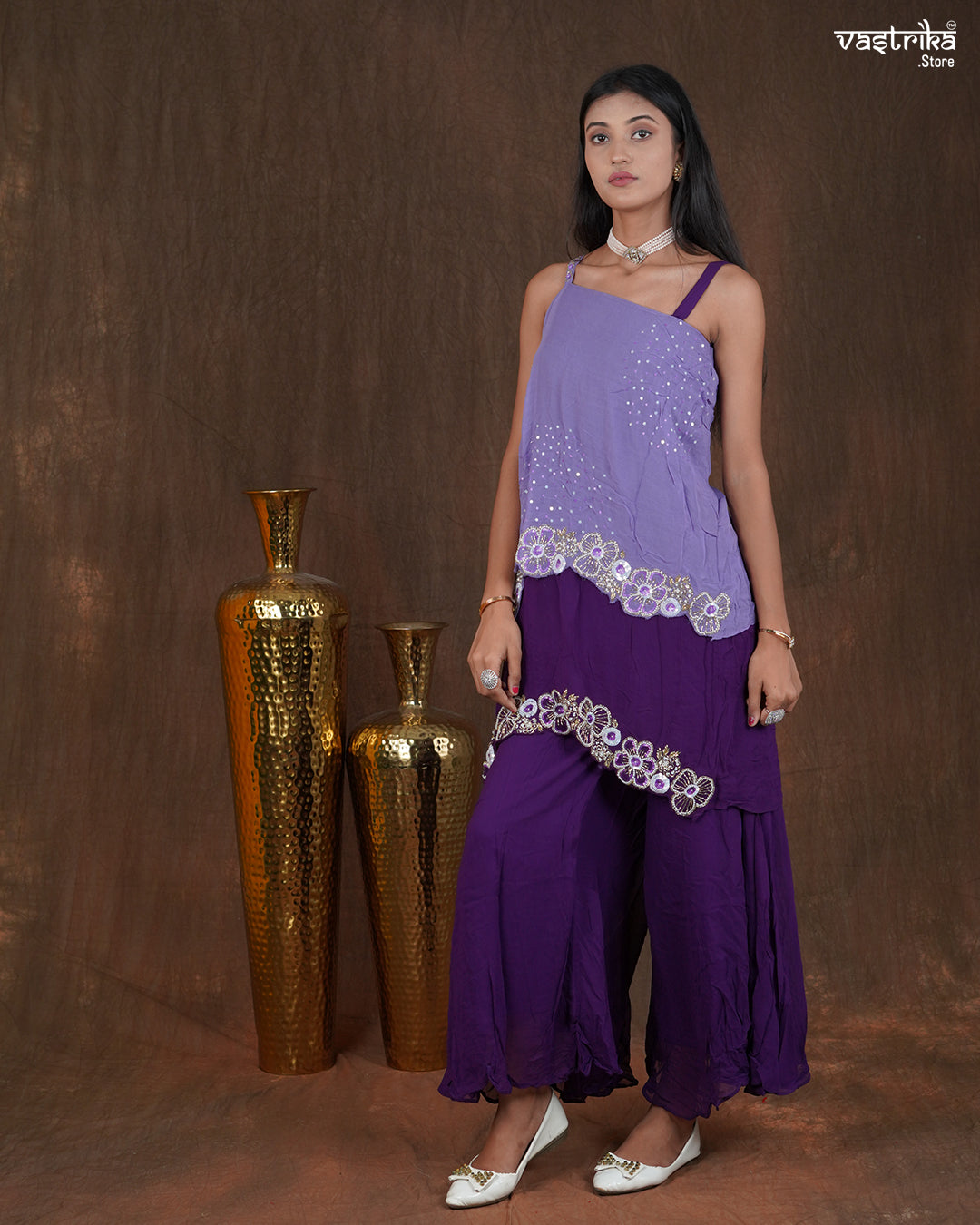 Georgette Poncho-Style Western Dress with Handworked Palazzos