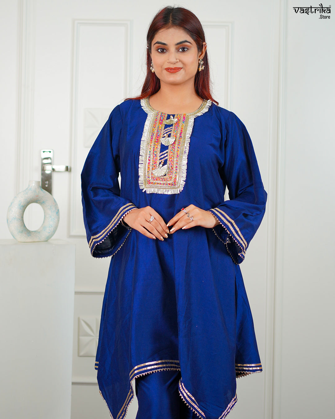 Blue Roman Silk Kurti Set with Lace Detailing