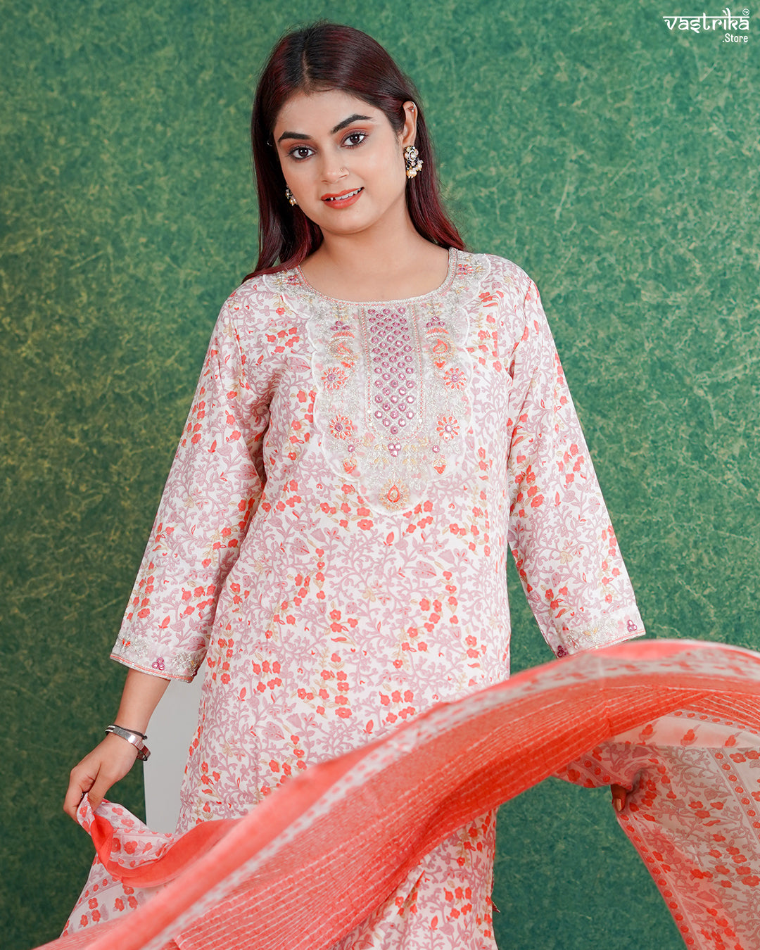 Orange Cotton Printed Kurti Set with Jari Work