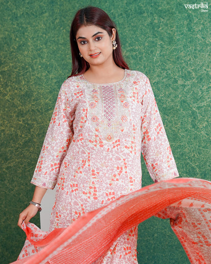 Orange Cotton Printed Kurti Set with Jari Work