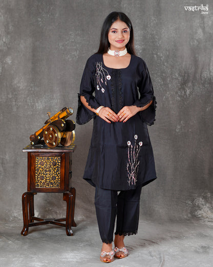 Black Roman Silk Coord Set with Katdana Work