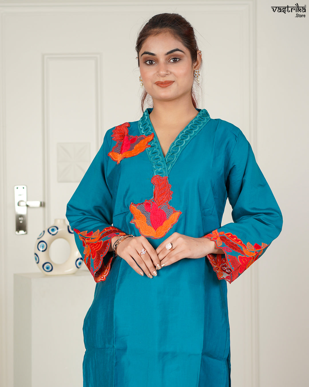 Firozi Roman Silk Coord Set with Thread Work