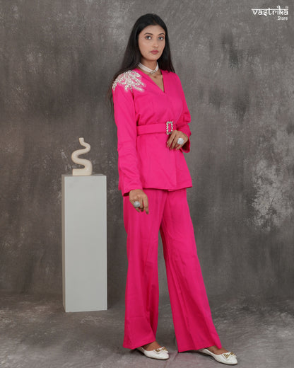 Crape Blazer-Style Cord Set with Belt & Shoulder Embellishment