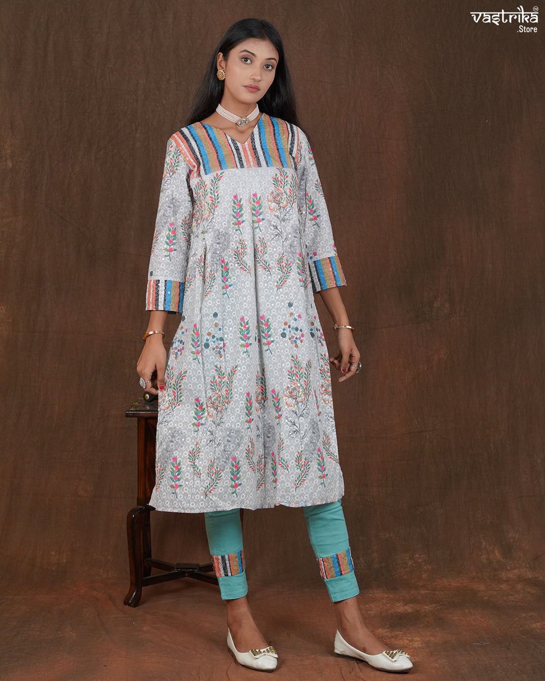 Cotton Frock Set with Chikan Work and Printed Chanderi Dupatta